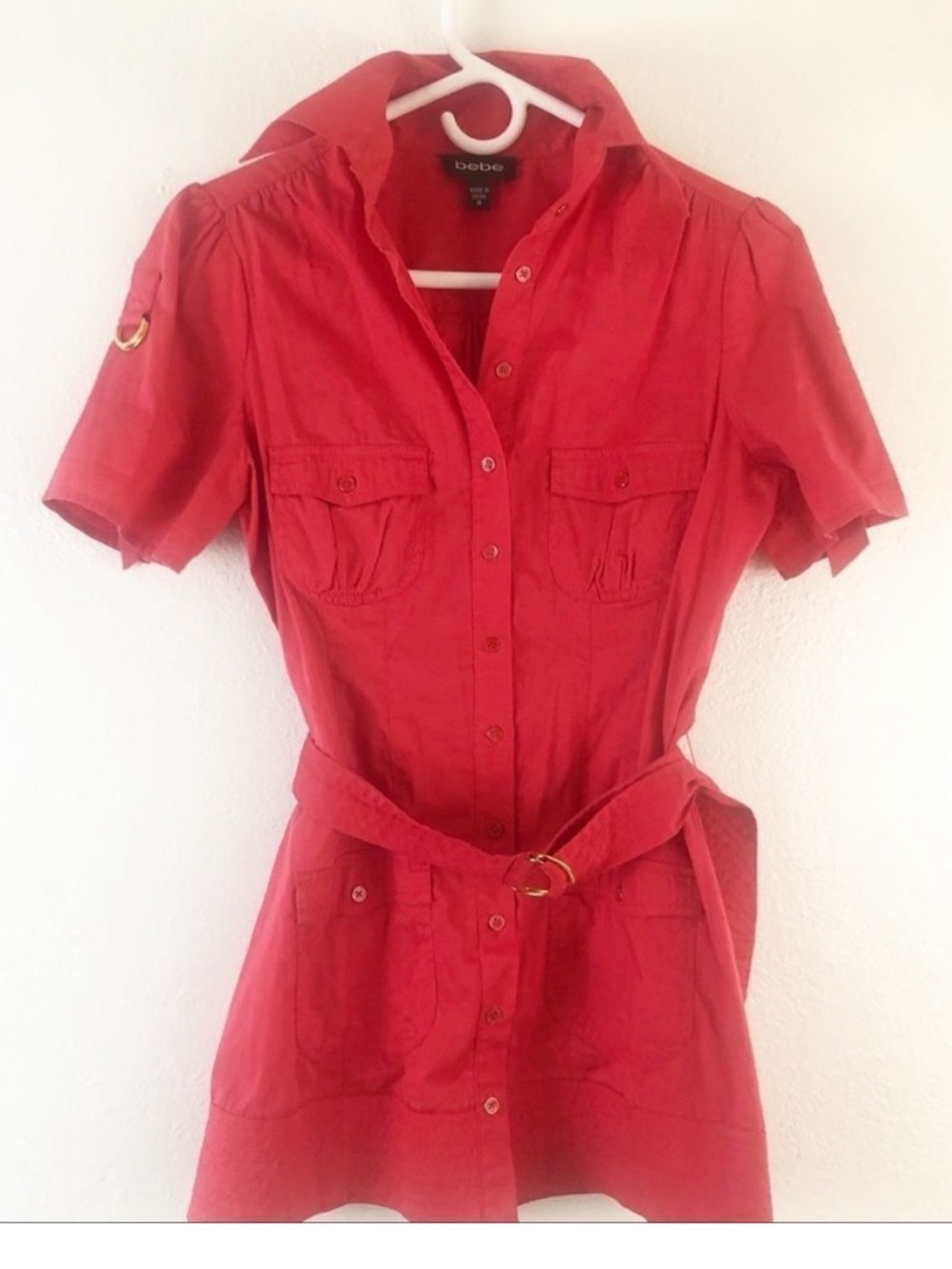 bebe Red Short-Sleeve Utility Shirt with Belt